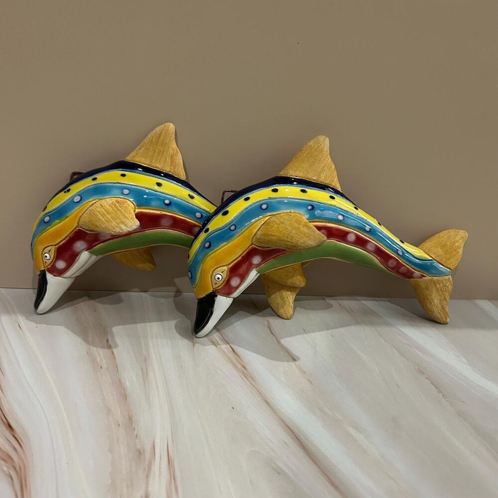 Hand-Painted Ceramic Dolphin Pair, Wall Decor, Vibrant Colors